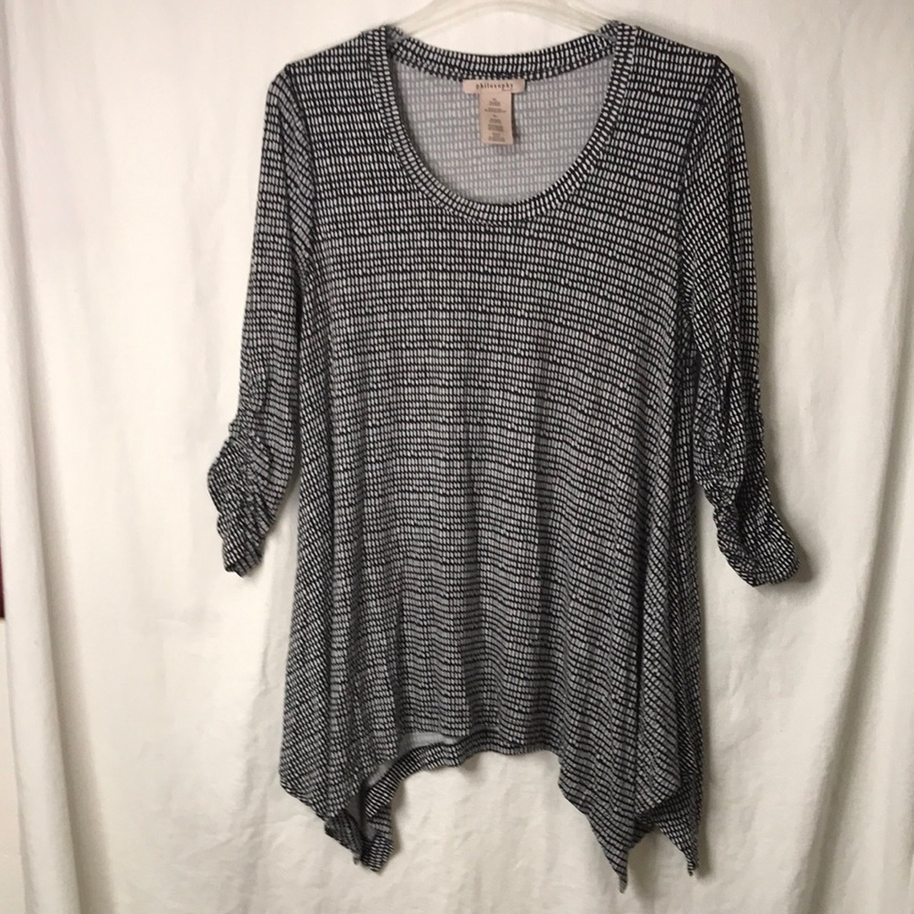 Philosophy Women’s Tunic XL Black White Ruched 3/4 Sleeves Soft and Stretchy